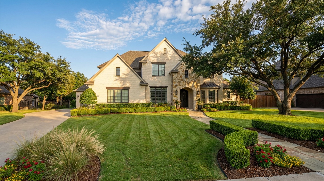 A beautifully landscaped Houston-area home with a freshly cut, edged lawn